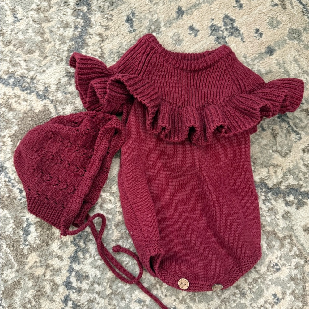 Olive & Cradle Knit Baby Romper with Matching Bonnet - Deep Wine